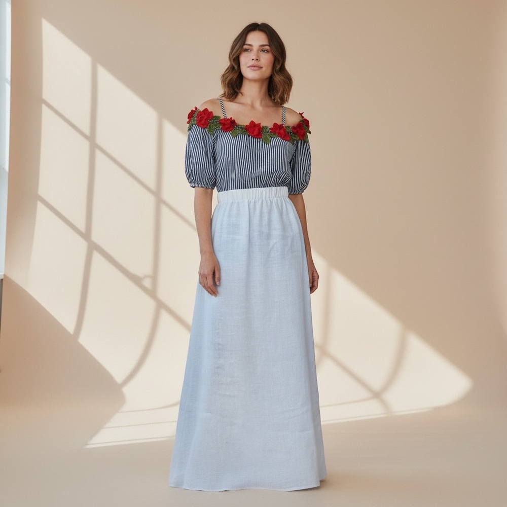 Cream Maxi Linen Skirt Resort Wear with Bottom Ruffle Hem